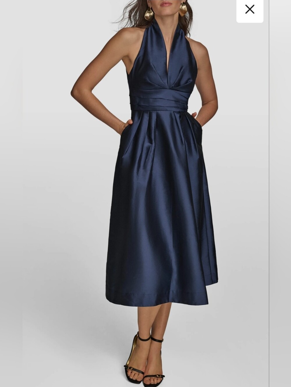 NWT Donna Karan New York Plunge Neck Taffeta Midi Dress Navy Size 6